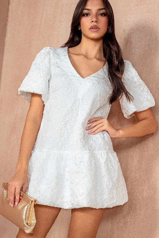 Mini dresses with ribbed textures for a unique appearance Hayley White Jacquard Puffball Dress Mini dresses with ribbed textures for a unique appearance Hayley White Jacquard Puffball Dress