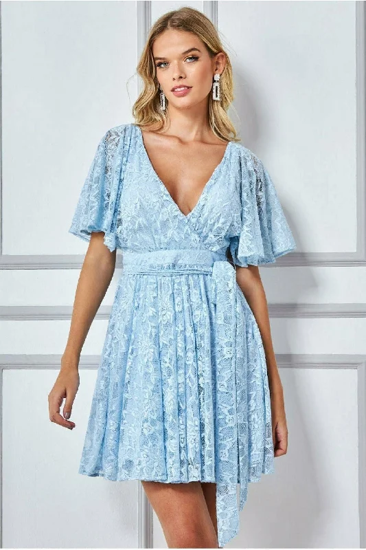 Mini dresses with spaghetti straps for a delicate look Goddiva Lace Kimono Wrap Skater Mini Dress - Powder Blue Mini dresses with spaghetti straps for a delicate look Goddiva Lace Kimono Wrap Skater Mini Dress - Powder Blue