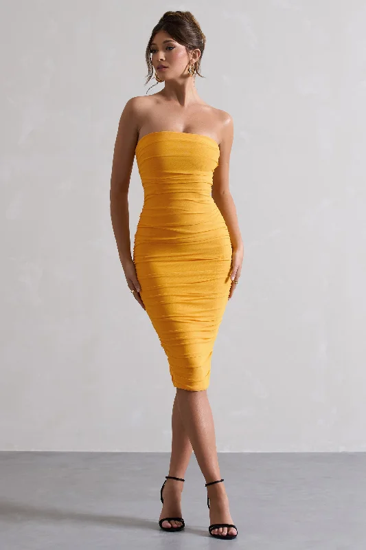 Midi dresses with empire waists for a flattering maternity option My Girl | Mango Strapless Bodycon Ruched Mesh Midi Dress Midi dresses with empire waists for a flattering maternity option My Girl | Mango Strapless Bodycon Ruched Mesh Midi Dress