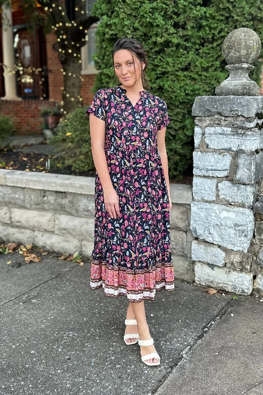 Sheath midi dresses with beaded embellishments for a formal occasion The Larissa Flutter Sleeve Midi Dress in Navy Floral Sheath midi dresses with beaded embellishments for a formal occasion The Larissa Flutter Sleeve Midi Dress in Navy Floral
