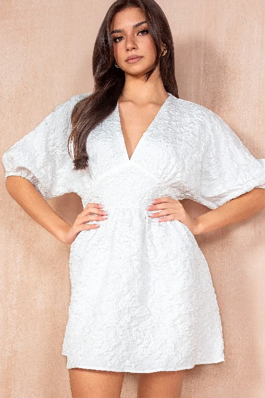 Mini dresses with wrap - around styles Dollie White Jacquard Puff Sleeve Dress