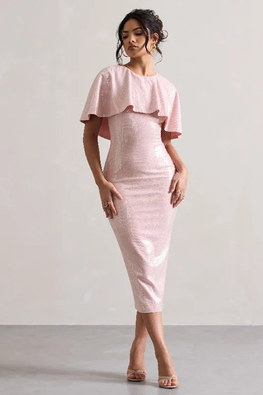 Midi dresses with puff sleeves for a vintage - inspired look Amelie | Pastel Pink Sequin Midi Dress With Cape Midi dresses with puff sleeves for a vintage - inspired look Amelie | Pastel Pink Sequin Midi Dress With Cape