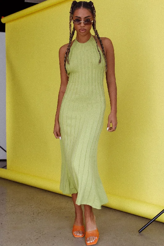 High - low midi dresses with geometric patterns for a modern party Mikah Knit Halterneck Midi Dress Lime