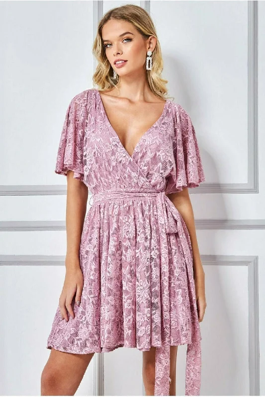 Mini dresses with polka dot patterns Goddiva Lace Kimono Wrap Skater Mini Dress - Mauve Mini dresses with polka dot patterns Goddiva Lace Kimono Wrap Skater Mini Dress - Mauve
