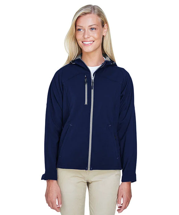 Women's zip - front sweatshirt with contrast stitching for a sporty aesthetic78166 - North End Ladies Prospect Two-Layer Fleece Bonded Soft Shell Hooded Jacket | Classic Navy Women's zip - front sweatshirt with contrast stitching for a sporty aesthetic78166 - North End Ladies Prospect Two-Layer Fleece Bonded Soft Shell Hooded Jacket | Classic Navy