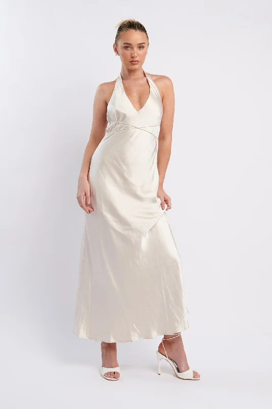 Mini Women Dress with a Short Hem for a Young and Trendy StyleAlenni Halterneck V-Neck Midi Dress Champagne Mini Women Dress with a Short Hem for a Young and Trendy StyleAlenni Halterneck V-Neck Midi Dress Champagne