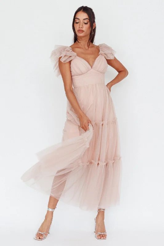 Sheath Women Dress with a Tailored Fit for a Professional LookAmal Ruffle Shoulder Tulle Midi Dress Nude Sheath Women Dress with a Tailored Fit for a Professional LookAmal Ruffle Shoulder Tulle Midi Dress Nude