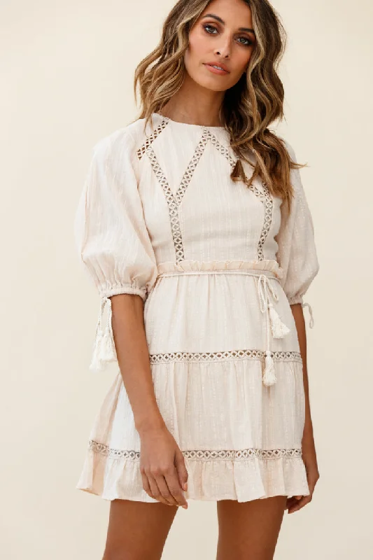 Long - Sleeve Women Dress in Velvet for a Luxurious Winter LookAntonia Half Puff Sleeve Crochet Detail Dress Beige Long - Sleeve Women Dress in Velvet for a Luxurious Winter LookAntonia Half Puff Sleeve Crochet Detail Dress Beige