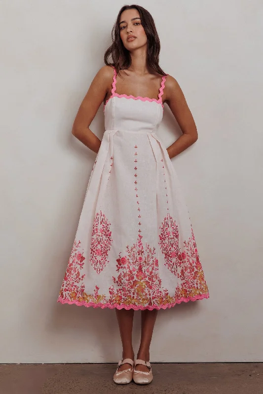 Ruffled Women Dress with Multiple Layers for a Playful and Girly StyleAsami Floral Print Ric Rac Trim Midi Dress Blush Ruffled Women Dress with Multiple Layers for a Playful and Girly StyleAsami Floral Print Ric Rac Trim Midi Dress Blush