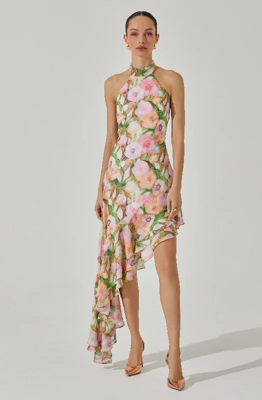 Ruffled Women Dress with Multiple Layers for a Playful and Girly StyleAsymmetric Floral Halter Midi Dress Ruffled Women Dress with Multiple Layers for a Playful and Girly StyleAsymmetric Floral Halter Midi Dress