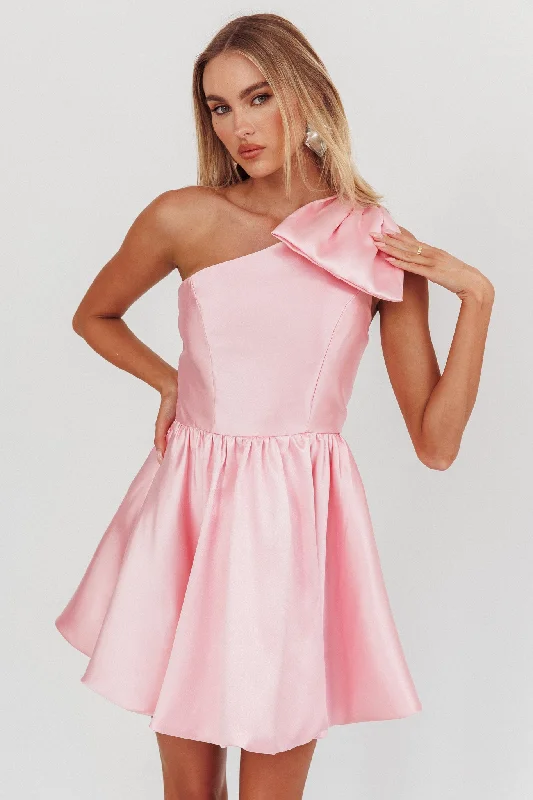 Strapless Women Dress with a Built - in Bra for Comfort and SupportAthens Shoulder Bow Bubble Hem Mini Dress Blush Strapless Women Dress with a Built - in Bra for Comfort and SupportAthens Shoulder Bow Bubble Hem Mini Dress Blush