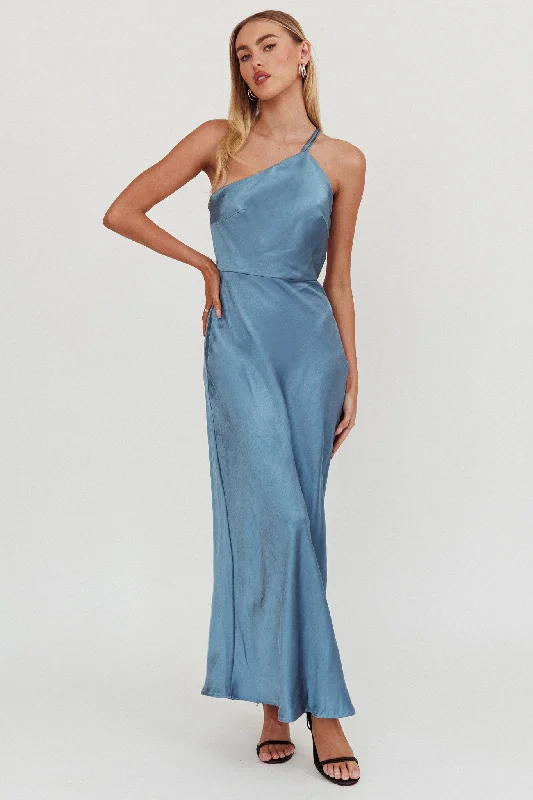 Lace - Embellished Women Dress for an Elegant and Sophisticated AppearanceAubrianna One-Shoulder Strappy Back Dress Midnight Blue Lace - Embellished Women Dress for an Elegant and Sophisticated AppearanceAubrianna One-Shoulder Strappy Back Dress Midnight Blue
