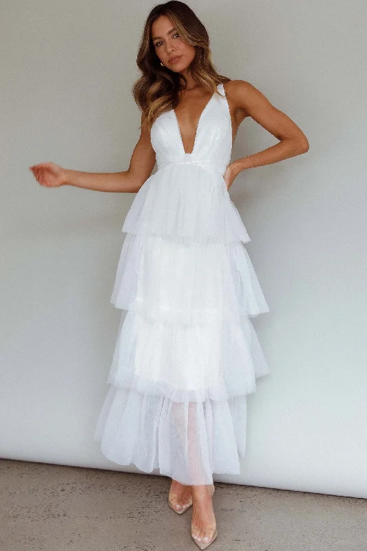 Maxi Women Dress with Floral Print for a Bohemian VibeAuguste Tiered Frill Midi Dress White Maxi Women Dress with Floral Print for a Bohemian VibeAuguste Tiered Frill Midi Dress White