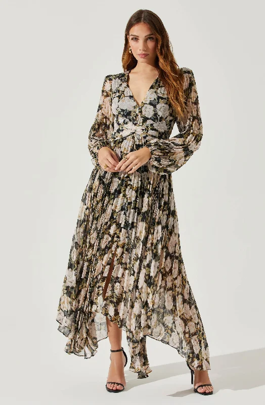 Lace - Embellished Women Dress for an Elegant and Sophisticated AppearanceAyana Floral Pleated Long Sleeve Maxi Dress Lace - Embellished Women Dress for an Elegant and Sophisticated AppearanceAyana Floral Pleated Long Sleeve Maxi Dress