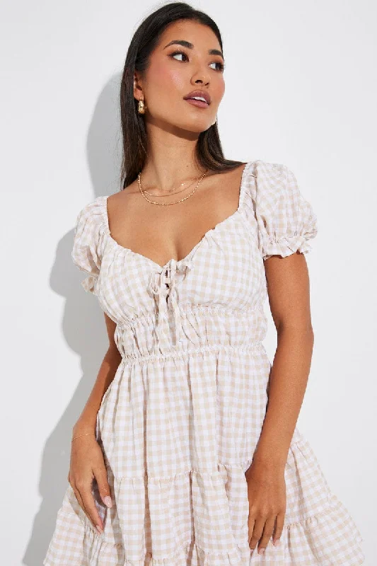 Beige Check Fit and Flare Dress Short Sleeve Tiered