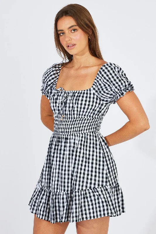 Black Check Fit And Flare Dress Puff Sleeve Mini