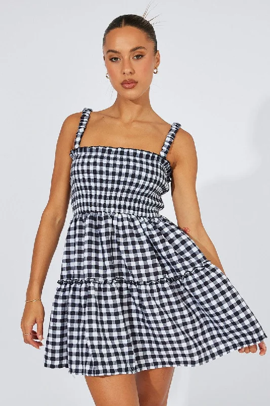 Black Check Fit And Flare Dress Shirred Bust Mini