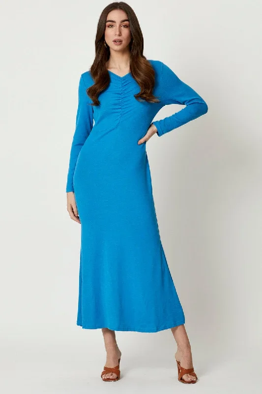 Blue Gathered Front Midi Dress