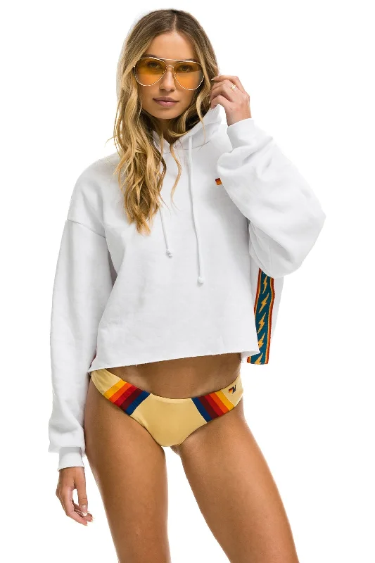 Women's quarter - zip sweatshirt made of organic cotton for eco - conscious fashionBOLT STRIPE RELAXED CROPPED PULLOVER HOODIE - WHITE Women's quarter - zip sweatshirt made of organic cotton for eco - conscious fashionBOLT STRIPE RELAXED CROPPED PULLOVER HOODIE - WHITE
