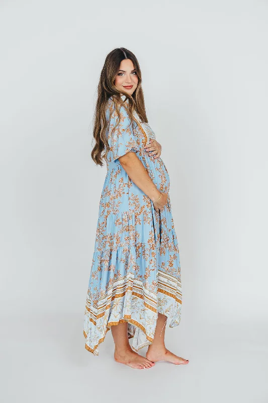 Mini Women Dress with a Short Hem for a Young and Trendy StyleMorgan Border Print Maxi Dress with Tiered Skirt in Blue Multi Mini Women Dress with a Short Hem for a Young and Trendy StyleMorgan Border Print Maxi Dress with Tiered Skirt in Blue Multi