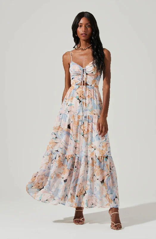 Sleeveless Women Dress in Bright Colors for Summer PartiesBrandy Floral Cinched Front Cutout Maxi Dress Sleeveless Women Dress in Bright Colors for Summer PartiesBrandy Floral Cinched Front Cutout Maxi Dress
