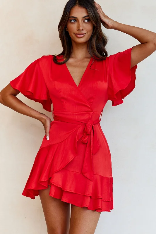 Strapless Women Dress with a Built - in Bra for Comfort and SupportCami Angel Sleeve Faux Wrap Dress Red Strapless Women Dress with a Built - in Bra for Comfort and SupportCami Angel Sleeve Faux Wrap Dress Red