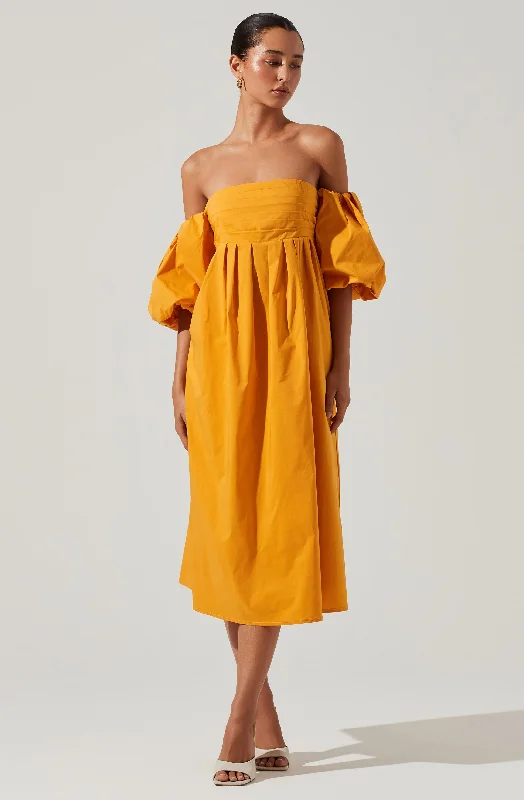 Pleated Women Dress with a Timeless and Elegant TextureCarlin Off Shoulder Puff Sleeve Midi Dress Pleated Women Dress with a Timeless and Elegant TextureCarlin Off Shoulder Puff Sleeve Midi Dress