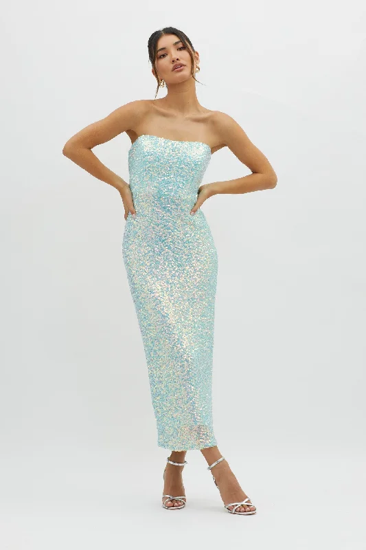 Ruffled Women Dress with Multiple Layers for a Playful and Girly StyleC'est Moi Sequin Laced Back Blue Ruffled Women Dress with Multiple Layers for a Playful and Girly StyleC'est Moi Sequin Laced Back Blue
