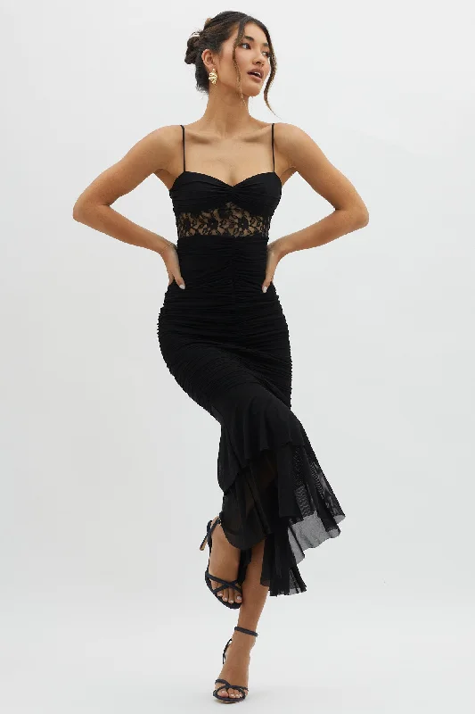 Shift Women Dress with a Simple and Classic Design for Everyday WearCherubim Lace Insert Ruched Midi Dress Black Shift Women Dress with a Simple and Classic Design for Everyday WearCherubim Lace Insert Ruched Midi Dress Black