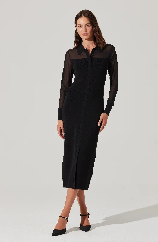 Sheath Women Dress with a Tailored Fit for a Professional LookContrast Mesh Collared Midi Dress Sheath Women Dress with a Tailored Fit for a Professional LookContrast Mesh Collared Midi Dress