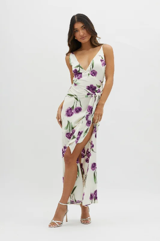 Mermaid - Style Women Dress with a Fitted Silhouette for Special OccasionsCorinna Tied Waist Split Dress Floral Purple Mermaid - Style Women Dress with a Fitted Silhouette for Special OccasionsCorinna Tied Waist Split Dress Floral Purple