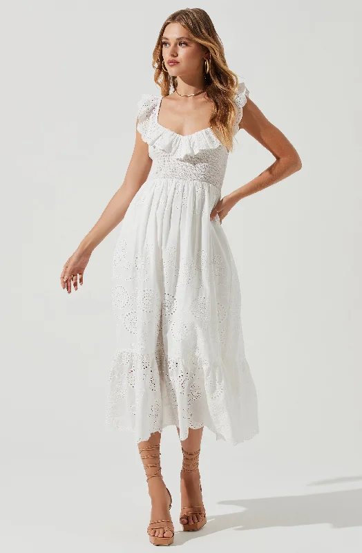 Off - the - Shoulder Women Dress for a Romantic and Feminine LookCottage Eyelet Ruffle Midi Dress Off - the - Shoulder Women Dress for a Romantic and Feminine LookCottage Eyelet Ruffle Midi Dress