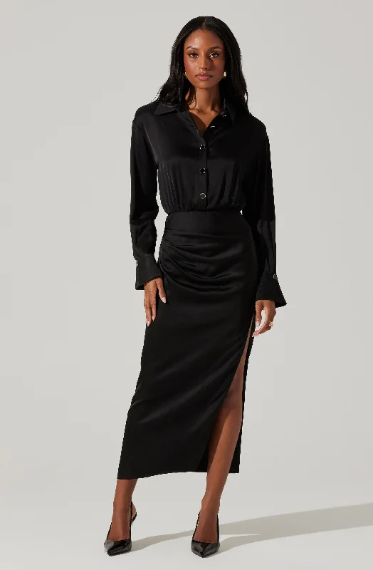 Ball Gown Women Dress with a Full Skirt for a Princess - like LookElizabello Satin Midi Shirt Dress Ball Gown Women Dress with a Full Skirt for a Princess - like LookElizabello Satin Midi Shirt Dress