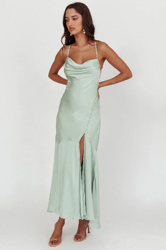 Long - Sleeve Women Dress in Velvet for a Luxurious Winter LookElpis Cowl Button Satin Maxi Dress Mint Long - Sleeve Women Dress in Velvet for a Luxurious Winter LookElpis Cowl Button Satin Maxi Dress Mint
