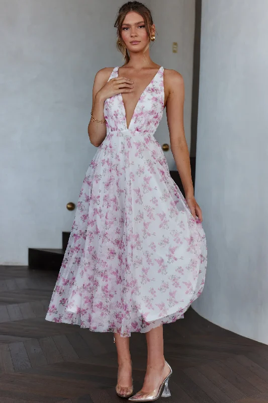 Mini Women Dress with a Short Hem for a Young and Trendy StyleFloating By Plunging Neckline Midi Dress Floral Pink Mini Women Dress with a Short Hem for a Young and Trendy StyleFloating By Plunging Neckline Midi Dress Floral Pink