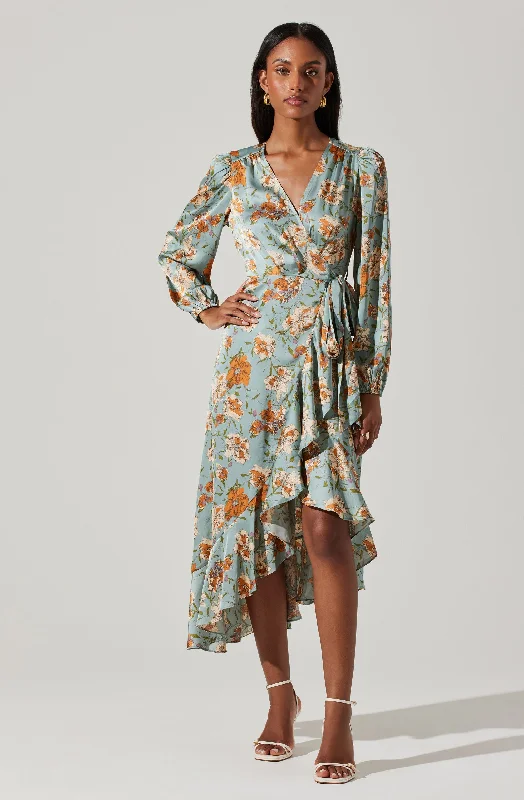 Off - the - Shoulder Women Dress for a Romantic and Feminine LookFloral Satin Wrap Long Sleeve Midi Dress Off - the - Shoulder Women Dress for a Romantic and Feminine LookFloral Satin Wrap Long Sleeve Midi Dress