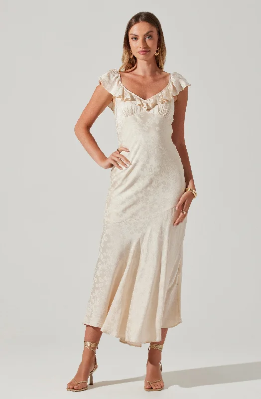 Shift Women Dress with a Simple and Classic Design for Everyday WearFreesia Jacquard Print Ruffle Midi Dress Shift Women Dress with a Simple and Classic Design for Everyday WearFreesia Jacquard Print Ruffle Midi Dress