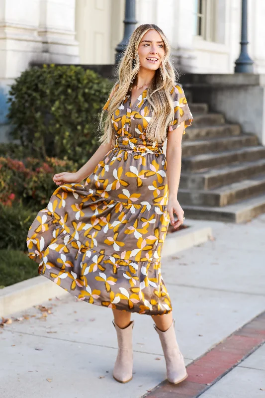 Ruffled Women Dress with Multiple Layers for a Playful and Girly StyleFINAL SALE - Fresh Impression Satin Mocha Midi Dress Ruffled Women Dress with Multiple Layers for a Playful and Girly StyleFINAL SALE - Fresh Impression Satin Mocha Midi Dress