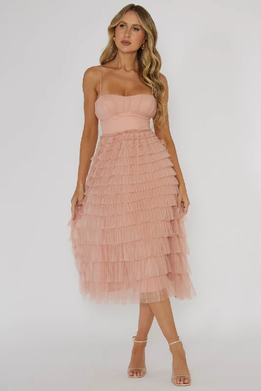 Wrap - Style Women Dress with Adjustable Fit for All Body TypesGarden Party Tiered Frill Midi Dress Blush Wrap - Style Women Dress with Adjustable Fit for All Body TypesGarden Party Tiered Frill Midi Dress Blush