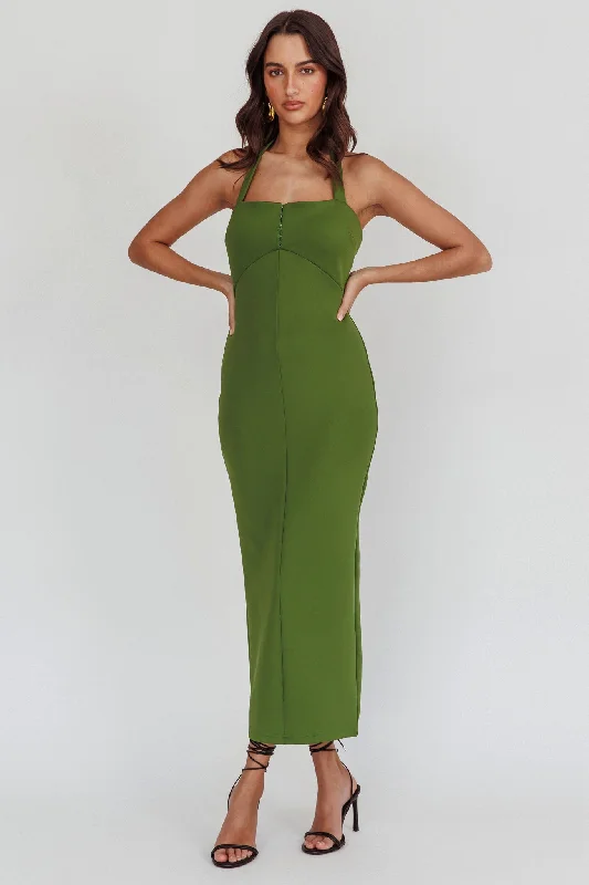 Mermaid - Style Women Dress with a Fitted Silhouette for Special OccasionsGoldfoil Halter Neck Maxi Dress Olive Mermaid - Style Women Dress with a Fitted Silhouette for Special OccasionsGoldfoil Halter Neck Maxi Dress Olive