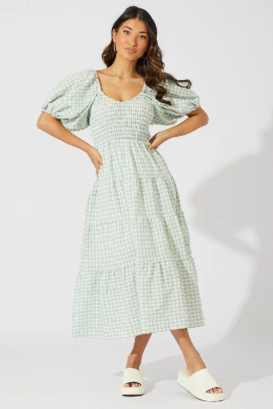 Green Check Midi Dress Short Sleeve Shirred