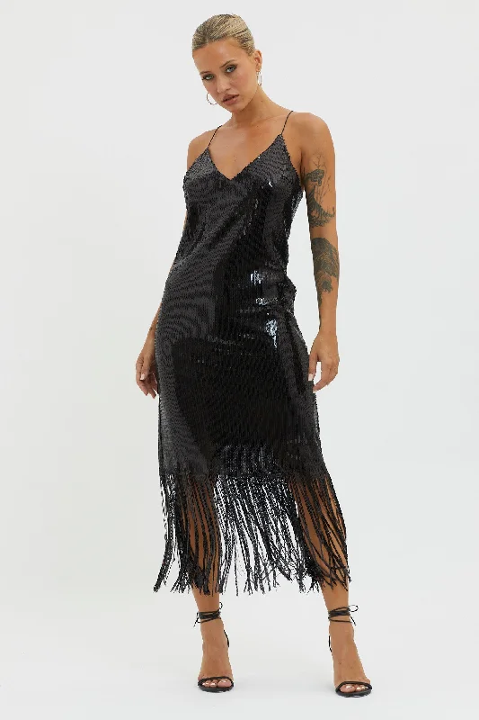 Empire Waist Women Dress to Accentuate the Bust and Conceal the WaistHalo Moon Sequin Fringe Midi Dress Black Empire Waist Women Dress to Accentuate the Bust and Conceal the WaistHalo Moon Sequin Fringe Midi Dress Black
