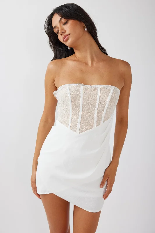 Mermaid - Style Women Dress with a Fitted Silhouette for Special OccasionsHeart Of Mine Lace Bodice Mini Dress White Mermaid - Style Women Dress with a Fitted Silhouette for Special OccasionsHeart Of Mine Lace Bodice Mini Dress White