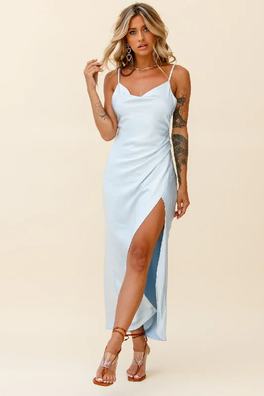 Backless Women Dress for a Sexy and Alluring Look at Evening EventsHey Girl Long Satin Cowl Neck Dress Steel Blue Backless Women Dress for a Sexy and Alluring Look at Evening EventsHey Girl Long Satin Cowl Neck Dress Steel Blue