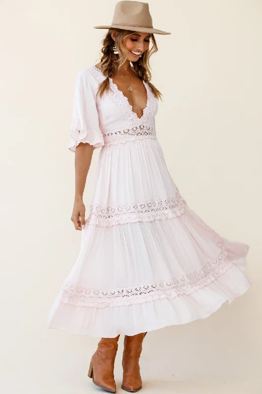 Halter Neck Women Dress to Show Off the Shoulders and NecklineIndio Crochet Insert Deep V-Neckline Angel Sleeve Maxi Dress Pink Halter Neck Women Dress to Show Off the Shoulders and NecklineIndio Crochet Insert Deep V-Neckline Angel Sleeve Maxi Dress Pink