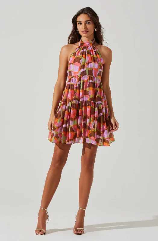 Sleeveless Women Dress in Bright Colors for Summer PartiesJoetta Abstract Print Halter Mini Dress Sleeveless Women Dress in Bright Colors for Summer PartiesJoetta Abstract Print Halter Mini Dress