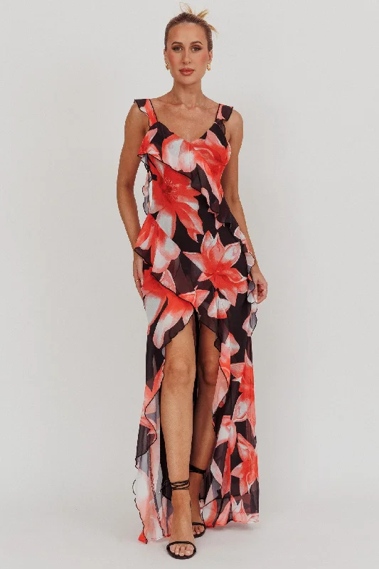 Strapless Women Dress with a Built - in Bra for Comfort and SupportJoyride Floral Ruffle Maxi Dress Black/Red Strapless Women Dress with a Built - in Bra for Comfort and SupportJoyride Floral Ruffle Maxi Dress Black/Red