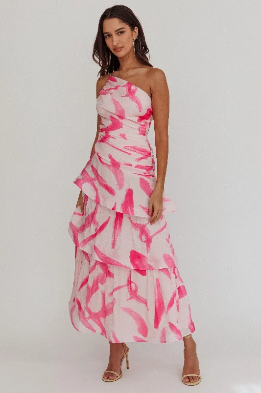 Plus Size Women Dress with a Flattering A - Line Cut for Comfort and StyleKenny One Shoulder Tiered Maxi Dress Print Pink Plus Size Women Dress with a Flattering A - Line Cut for Comfort and StyleKenny One Shoulder Tiered Maxi Dress Print Pink