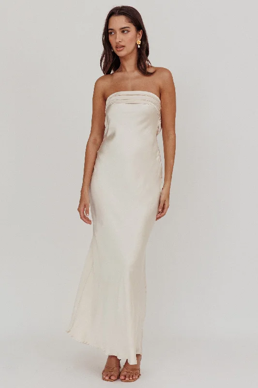 Wrap - Style Women Dress with Adjustable Fit for All Body TypesKona Strapless Pleated Bust Satin Maxi Dress Champagne Wrap - Style Women Dress with Adjustable Fit for All Body TypesKona Strapless Pleated Bust Satin Maxi Dress Champagne