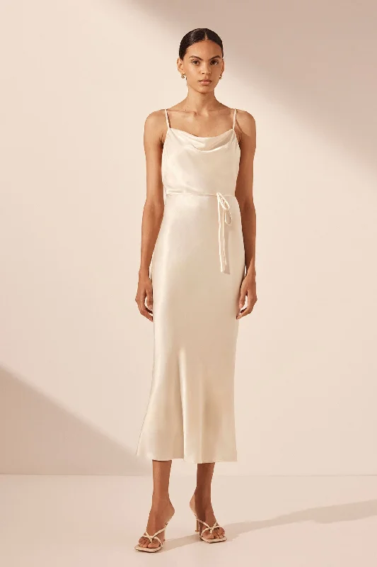 Strapless Women Dress with a Built - in Bra for Comfort and SupportLA LUNE BIAS COWL MIDI DRESS - CREAM Strapless Women Dress with a Built - in Bra for Comfort and SupportLA LUNE BIAS COWL MIDI DRESS - CREAM